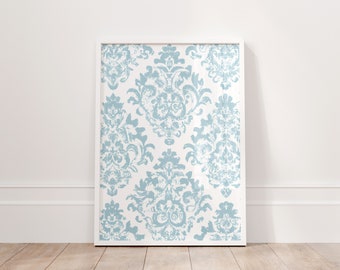 Light Teal Blue Damask Pattern Vintage Wallpaper Art, Coastal Farmhouse Gallery Art | Digital Download |Printable Wall Art |Really Aesthetic