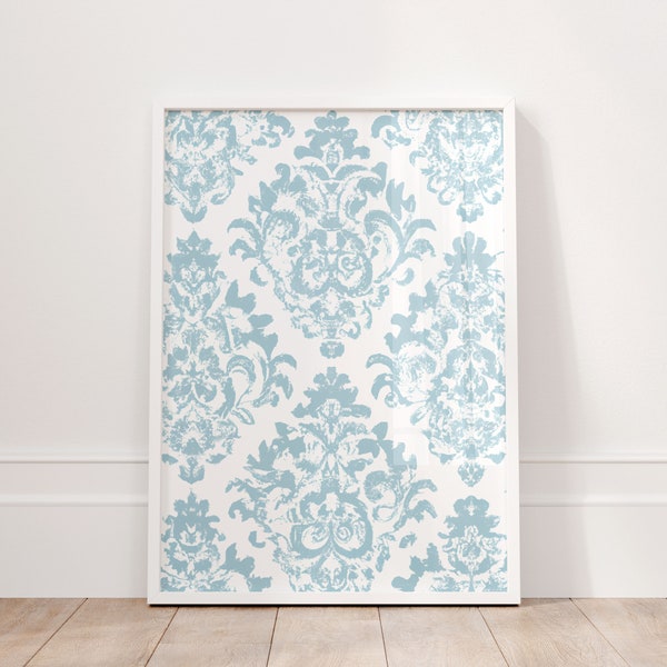 Light Teal Blue Damask Pattern Vintage Wallpaper Art, Coastal Farmhouse Gallery Art | Digital Download |Printable Wall Art |Really Aesthetic