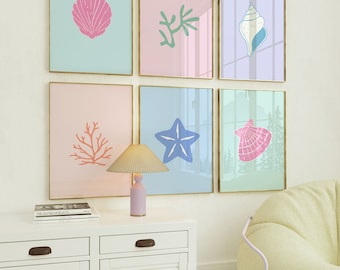 Set of 6 Preppy Beach Wall Art, Girly Summer Coastal Pink Blue Teal Art, Seashell Art| Digital Download| Printable Wall Art|Really Aesthetic