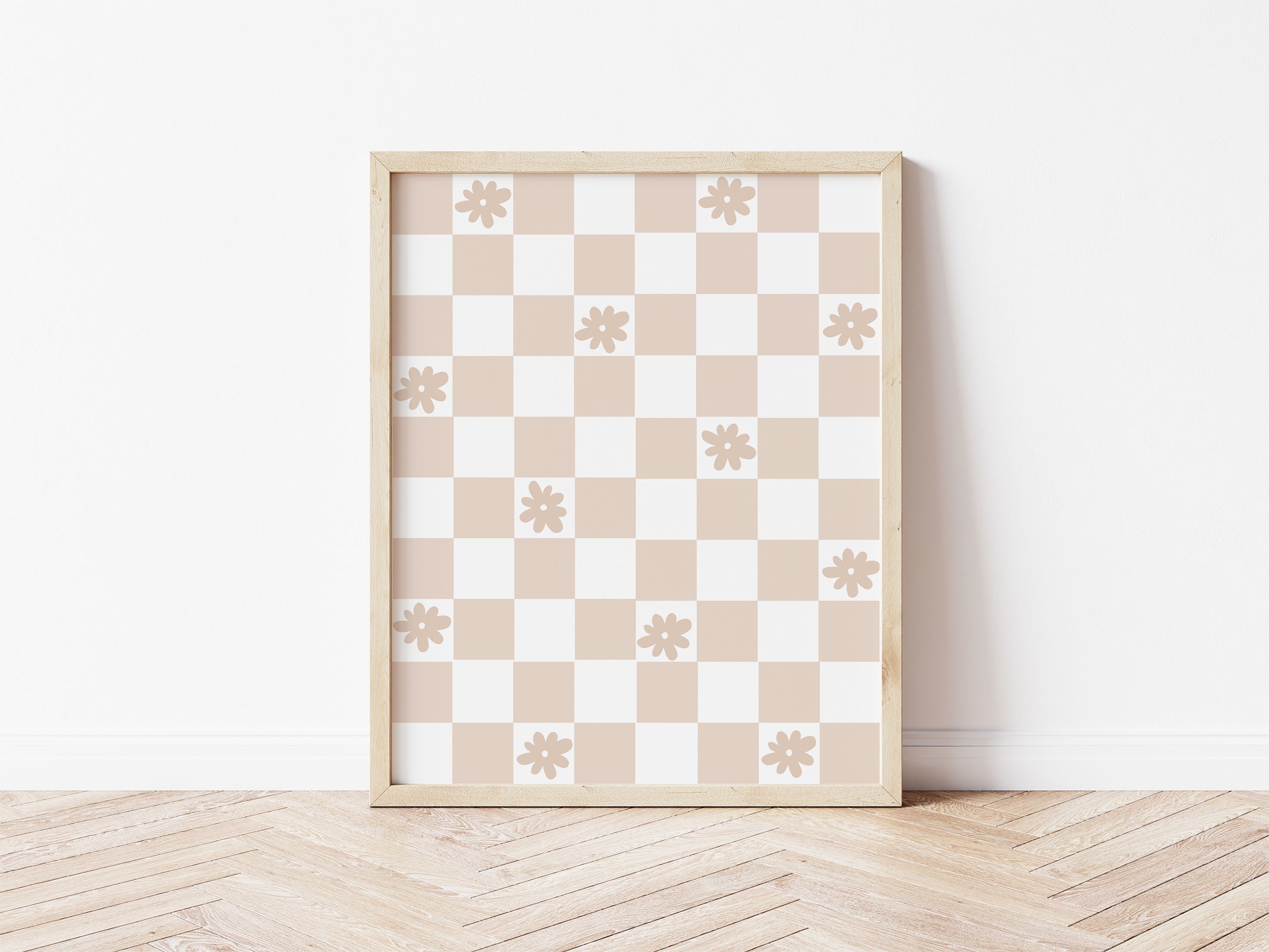Checkered Beige Flowers, Checkered Posters, Beige Aesthetic Digital ...
