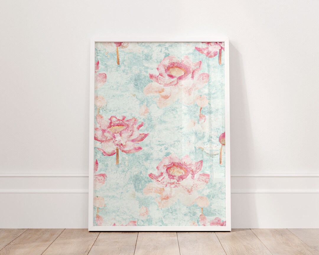 Lotus Print Pink and Mint Green Wall Art Digital Download Printable