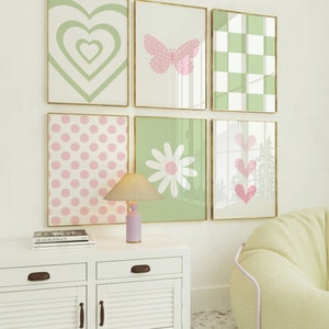 Conjunto de 6 arte de pared preppy verde rosa, arte de moda femenino, arte de dormitorio, carteles boho / descarga digital / arte de pared imprimible / realmente estético