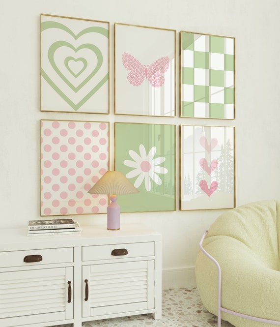 Set of 6 Pink Green Preppy Wall Art, Girly Trendy Art, Dorm