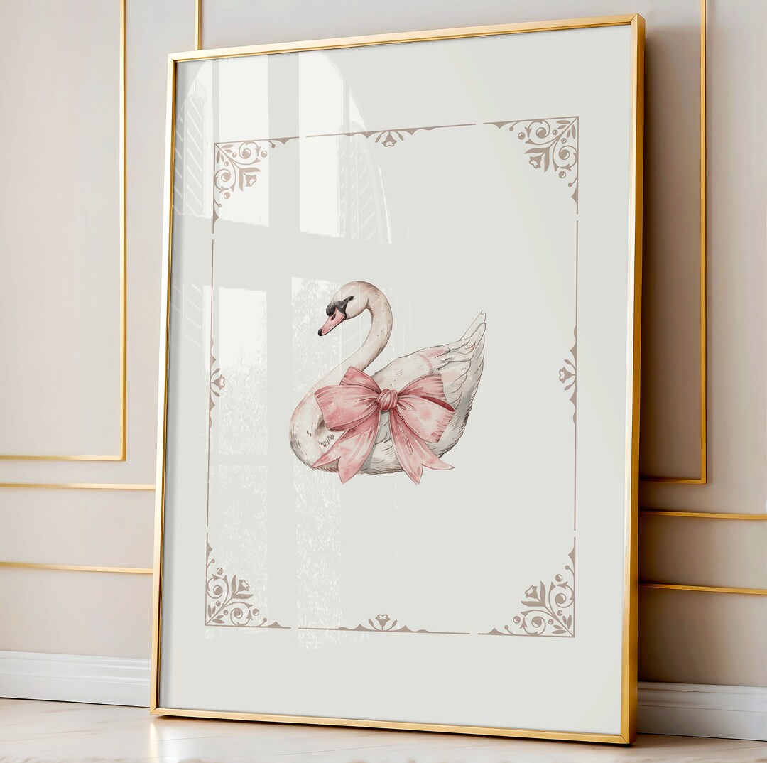 White Swan Blush Pink Bow Watercolor Art, Girls Pink Nursery Art ...