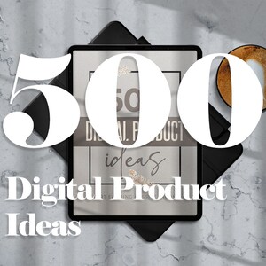 Peut inclure: Une tablette numérique avec le texte "500 Idées de produits numériques" est posée sur une surface en marbre. Une tasse de café est à droite de la tablette. L'image est éclairée par la lumière naturelle et des ombres.
