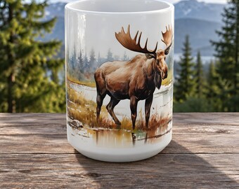 Moose Cabin Coffee Mug in Ceramic, Bull on a Grassy Shore