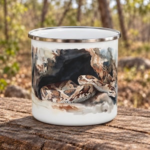Indian Rock Python Enamel Camping Mug, Coiled Snake Watercolor Print, 12oz