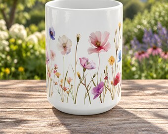 Wildflower Coffee Mug – Airy Pastel Meadow on White Glossy Ceramic