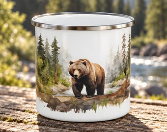 Grizzly Bear Enamel Mug for Camping, Woodland Stream and Pine Forest