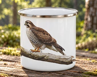 Birdwatching Enamel Camping Mug, a Sparrowhawk Perched on a Weathered Branch