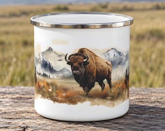 Rustic Enamel Camping Mug with Bison and Pale Mountain Peaks