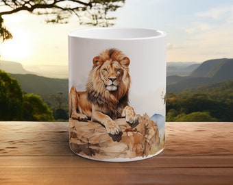 Lion Safari Mug Aventure africaine Tasse à café Cadeau pour un passionné de la faune Lion majestueux Mug de voyage Décoration Nature unique Cadeau pour explorateur