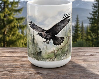 Flying Raven Coffee Mug in Ceramic, Green Forest and Sweeping Black Wings