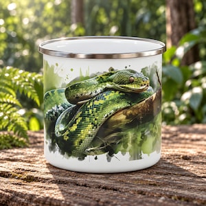 Snake Enamel Camping Mug, Green Tree Python Coiled Along a Branch