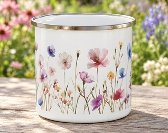 Wildflower Enamel Camping Mug, a Pastel Meadow of Pink and Blue Blooms