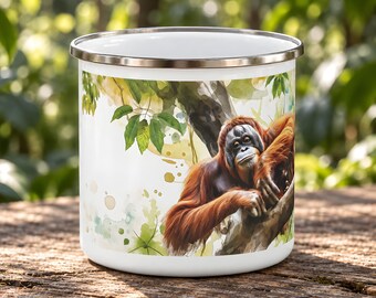Rainforest Enamel Camping Mug – Orangutan Resting in a Leafy Tree