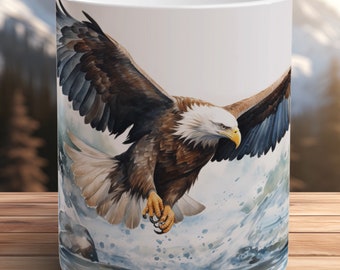 Taza de cerámica con águila calva en vuelo, pintada a mano, con arte de vida silvestre, para café, regalo para amantes de los EE. UU., taza de acuarela con águila calva para amantes de los campamentos