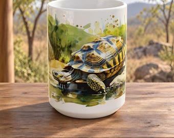Tortoise Coffee Mug in Glossy Ceramic, Green Pond and Patterned Shell