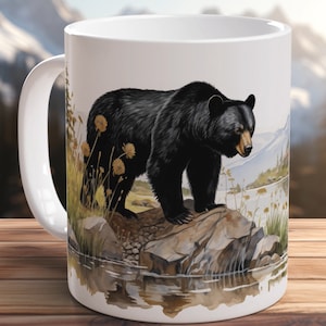 Hand Painted Black Bear Mug Wildlife Art Ceramic Coffee Cup Canadian Black Bear Watercolor Bear Lover Gift Ideas Bear Mug