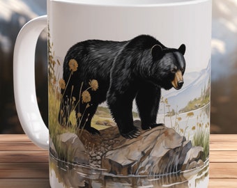 Hand Painted Black Bear Mug Wildlife Art Ceramic Coffee Cup Canadian Black Bear Watercolor Bear Lover Gift Ideas Bear Mug