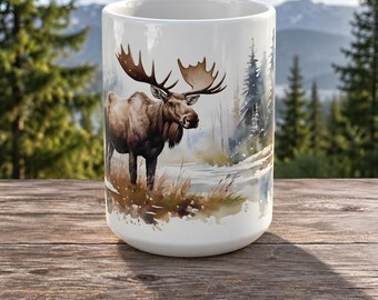Moose Coffee Mug, Snowy Woodland Scene on White Glossy Ceramic