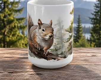 Squirrel Coffee Mug in Ceramic, Gray Woodland Animal on a Tree Branch