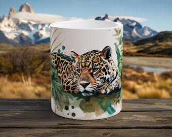 Jaguar Mug Rainforest Roamer Watercolor Print Ceramic Coffee Cup Wildlife Enthusiast Gift Jungle Adventure Sunset Sip Unique Mug