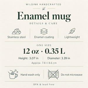 May include: An informational graphic for a Wildink Handcrafted enamel mug. It lists features: stainless steel, enamel coating, and lightweight. Capacity is 12 oz (0.35 L). Dimensions are 3.07 in height and 3.39 in diameter. Includes hand wash only and no microwave icons.