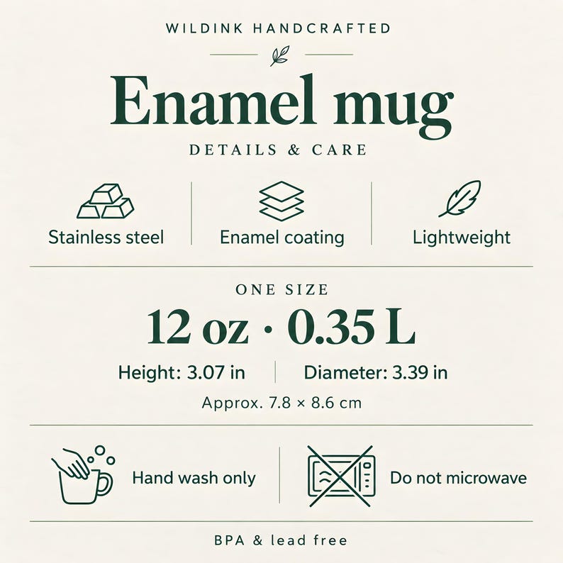May include: An informational graphic for a Wildink Handcrafted enamel mug. It lists features: stainless steel, enamel coating, and lightweight. Capacity is 12 oz (0.35 L). Dimensions are 3.07 in height and 3.39 in diameter. Includes hand wash only and no microwave icons.