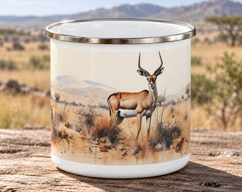 Antelope Enamel Mug for Camping, Springbok in Soft Gold Savanna Colors