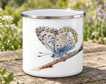 Blue Butterfly Enamel Mug, Delicate Spotted Wings for Camping and Garden Coffee