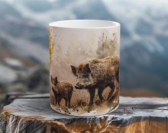 Wild Boars Mug Woodland Roamers Scene Ceramic Coffee Cup Outdoor Enthusiast Gift Camping Rustic Retreat Wildlife Animal Design Mug