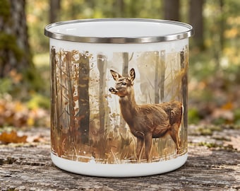 Autumn Deer Enamel Camping Mug, Roe Deer Among Tall Forest Trees