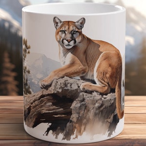 Hand-Painted Cougar Mug Wildlife Art Ceramic Coffee Cup North American Cougar Watercolor Print Gift for Her Gift for Father Unique Mug