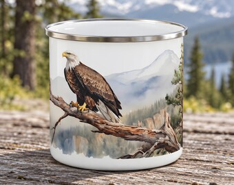 Bald Eagle Enamel Camping Mug - Perched Above a Misty Mountain Forest