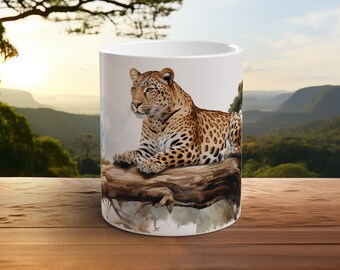 Mug léopard aventure nature sauvage tasse à café cadeau de camping unique tasse de voyage amoureux de la nature art animalier extérieur explorateur cadeau