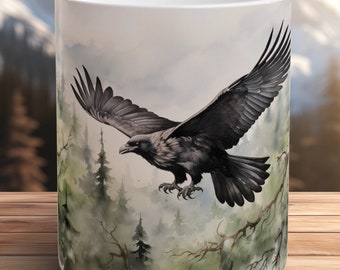 Raven Mug Hand Painted Bird Art Coffee Cup Unique Raven Gift Watercolor Animal Lover Mug Gothic Decor Birdwatcher Nature Coffee Cup