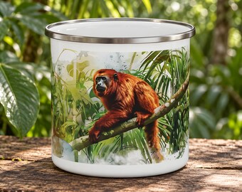 Monkey Enamel Camping Mug, Red Howler Resting Among Lush Tropical Leaves