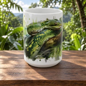 Green Tree Python Coffee Mug, Coiled Snake Illustration on White Glossy Ceramic