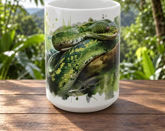 May include: A white ceramic mug featuring a detailed graphic print of a green snake coiled around a tree branch. The snake has textured scales in shades of lime and forest green, with a prominent eye and a smooth, white background finish.