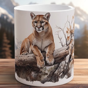 Cougar Mug Wilderness Scene Ceramic Coffee Cup Northern Cougar Watercolor Print Gift for Nature Lover Wilderness Animal Mug