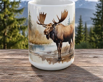 Moose Coffee Mug – Wading Bull and Autumn Forest on Glossy Ceramic