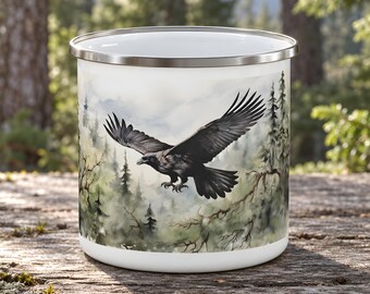Raven Enamel Camping Mug for Birdwatchers, Black Wings Over a Misty Forest