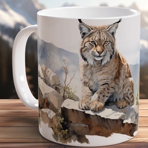 Handcrafted Lynx Mug Wildlife Inspired Ceramic Coffee Cup Cute Lynx Watercolor Print Gift for Cat Lover North Wild Cat Unique Mug