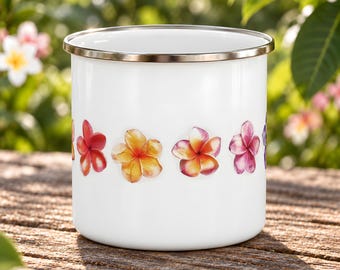 Enamel Camping Mug with Colorful Plumeria Blossoms for Garden Picnics