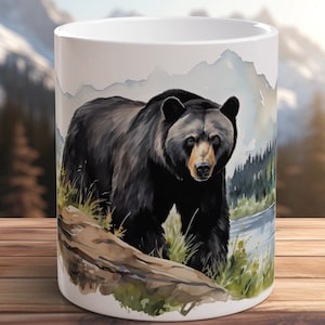 Black Bear Mug Handcrafted Wildlife Art Coffee Cup American Bear Lover Gift Watercolor Animal Mug Ceramic Nature Decor Unique Gift