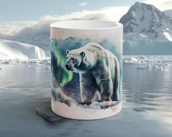 Polar Bear Mug Aurora Arctic Art Coffee Cup Wildlife Lover Gift Handcrafted Northern Lights Mug Arctic Animal Enthusiast Nature Decor