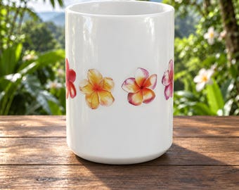 Tropical Flower Coffee Mug in Ceramic, a Row of Colorful Plumeria