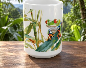 Ceramiczny kubek do kawy z żabą drzewną, czerwone oczy i tropikalne zielone liście