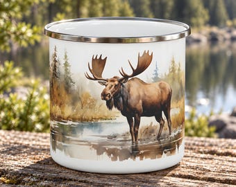 Moose Enamel Camping Mug, Antlered Bull Wading Through a Woodland Stream